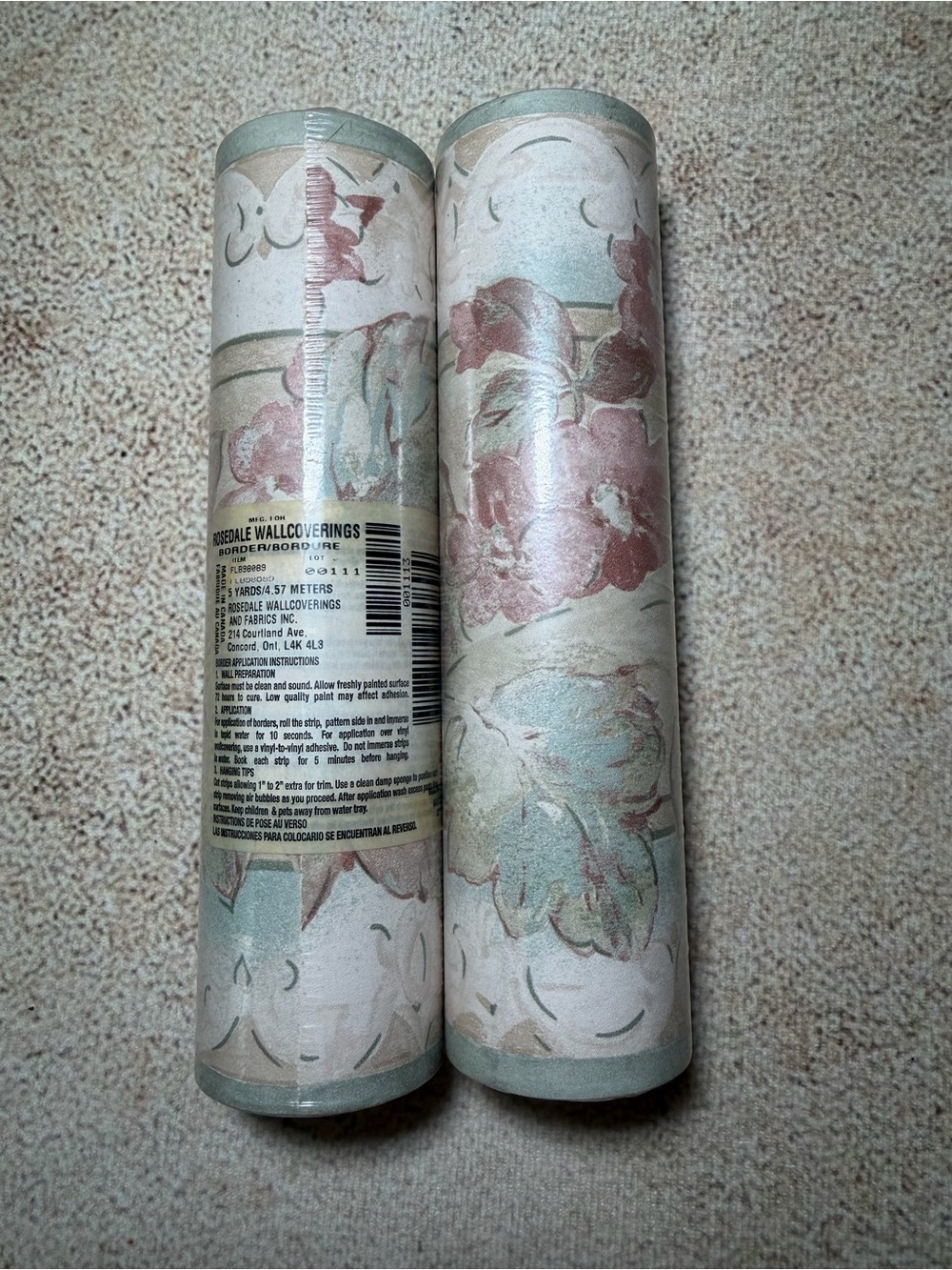 Vintage Rosedale Floral Wallpaper Border Roll in Soft Mint and Dusty Rose